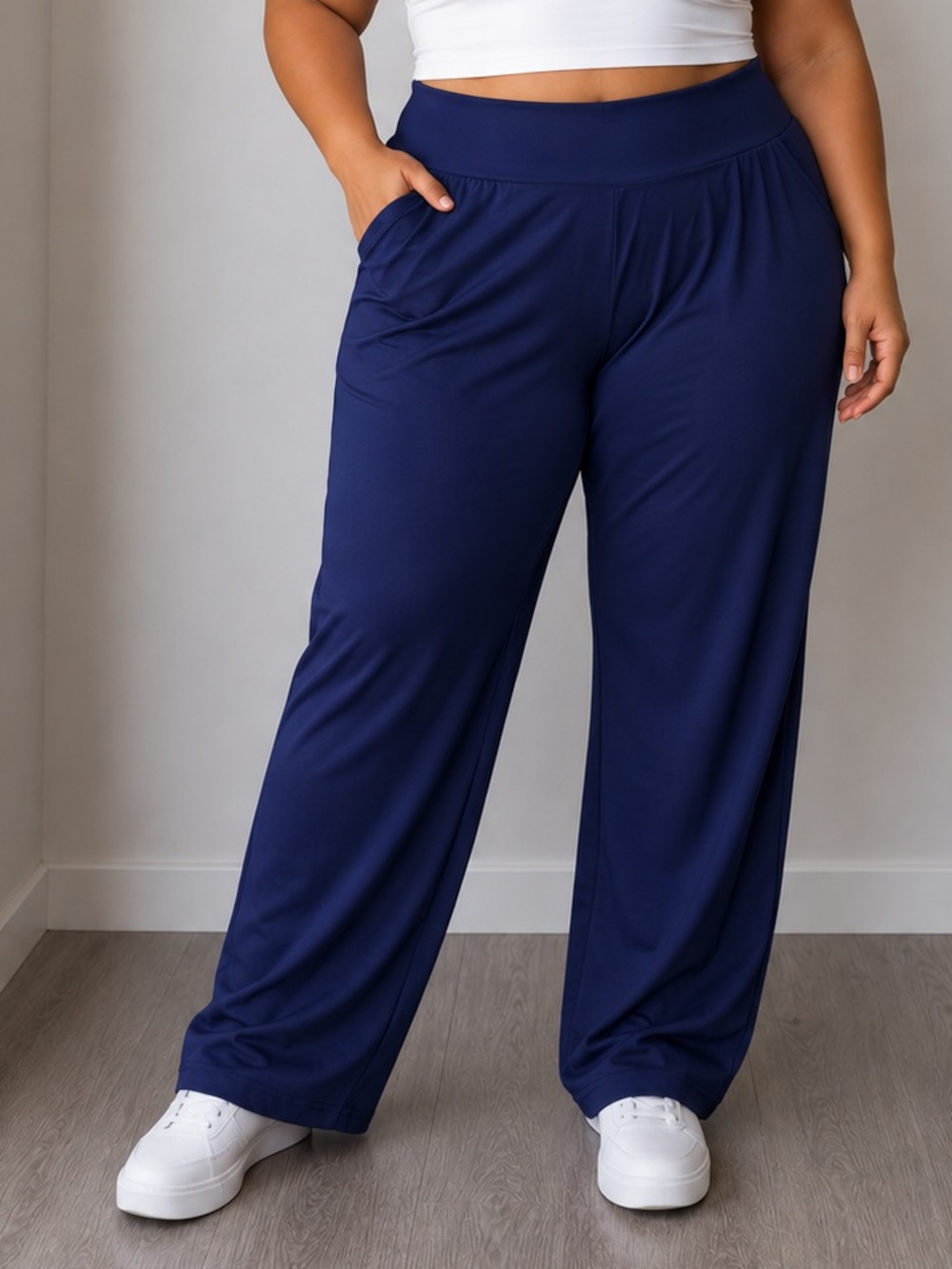 Navy Wide Leg Stretch Pants